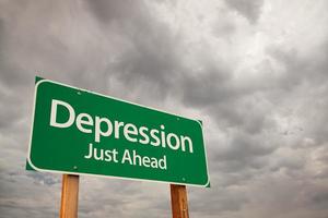 Depression Green Road Sign Over Storm Clouds photo