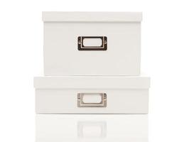 Stacked Blank White File Boxes with Lids on White photo