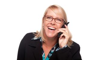 Attractive Blonde Woman Using Phone Laughing photo