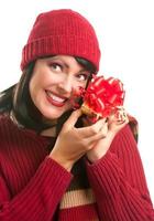 Happy Attractive Woman Holding Holiday Gift photo