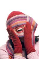 Attractive Woman With Colorful Scarf Over Eyes photo