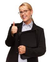 Attractive Blond Businesswoman with Thumbs Up Isolated on White photo