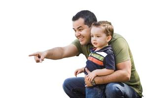 Hispanic Father Pointing With Mixed Race Son on White photo