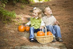 Brother and Sister Children Sitting on Wood Steps with Pumpkins photo