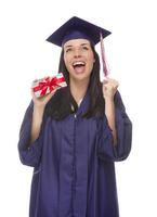 Female Graduate Holding Stack of Gift Wrapped Hundred Dollar Bills photo
