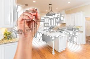 Hand Drawing Custom Kitchen Design With Gradation Revealing Photograph. photo