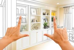 Hands Framing Custom Built-in Shelves and Cabinets Design Drawing with Section of Finished Photo. photo
