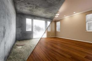 Unfinished Raw and Newly Remodeled Room Of House with Finished Wood Floors, Moulding, Paint and Ceiling Lights. photo