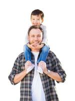Happy Mixed Race Chinese Boy Riding Piggyback on Shoulders of Caucasian Father photo