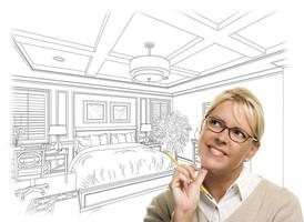 Woman With Pencil Over Bedroom Design Drawing and Photo Combination