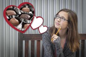 Daydreaming Girl Next To Floating Hearts with Chocolates photo