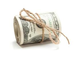 Roll of One Hundred Dollar Bills Tied in Burlap String on White photo