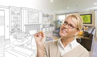 Woman With Pencil Over Living Room Design Drawing and Photo