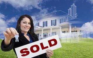 Woman Holding Keys, Sold Sign with Ghosted House Drawing Behind photo