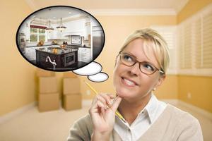 Woman in Empty Room with Thought Bubble of a New Kitchen Design photo