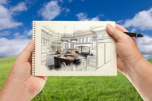 Male Hands Holding Pen and Pad of Paper Up with Custom Kitchen Illustration Outside Near Grass and Blue Sky. photo