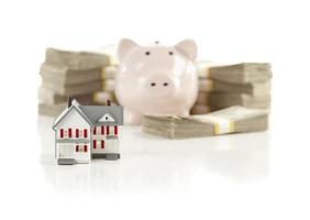 Small House and Piggy Bank with Stacks Money photo