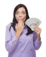 Mixed Race Woman Holding the New One Hundred Dollar Bills photo