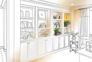 Dibujo de diseño de gabinetes y estantes incorporados personalizados que se gradúan hasta la foto terminada