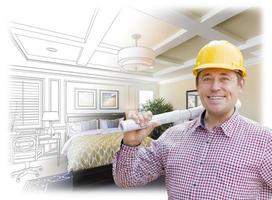 Contractor in Hard Hat Over Custom Bedroom Drawing and Photo