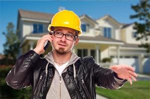 Contractor Wearing Hard Hat on Phone In Front of House photo