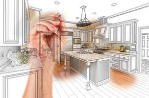 Hand Drawing Custom Kitchen Design With Gradation Revealing Photograph. photo