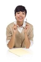 Smiling Mixed Race Female Student at Desk photo