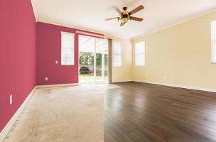 Empty Room with Cross Section Showing Before and After With New Wood Floor and Paint photo