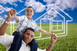 Father and Son Over Grass Field, Clouds, Sky and House Icon photo