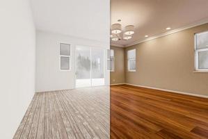 Unfinished Raw and Newly Remodeled Room of House Before and After with Wood Floors, Moulding, Tan Paint and Ceiling Lights. photo