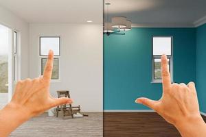 Female Hands Framing Before and After Blue Painted Walls in Empty Room of House. photo