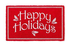 Happy Holidays Christmas Red Welcome Mat Isolated on White Background photo