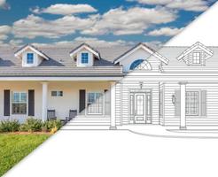 House Blueprint Drawing Gradating Into Completed Building Photograph. photo