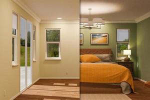 3D Illustration Side By Side Before and After of Empty Room and Fully Furnished Room. photo