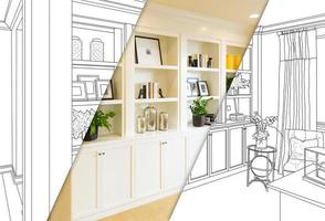 Custom Built-in Shelves and Cabinets Design Drawing with Cross Section of Finished Photo