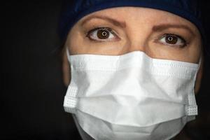 Female Doctor or Nurse Wearing Medical Face Mask on Dark Background photo