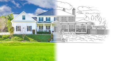 House Blueprint Drawing Gradating Into Completed Building Photograph. photo