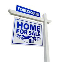 Blue Foreclosure Home For Sale Real Estate Sign on White photo