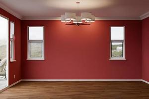 3D Illustration of Newly Remodeled Room of House with Wood Floors, Moulding, Deep Red Paint and Ceiling Lights. photo