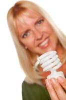 Attractive Blonde Woman Holds Energy Saving Light Bulb photo