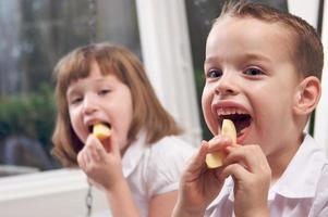 hermana y hermano comiendo una manzana foto