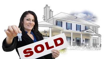 Woman, Keys, Sold Sign Over House Drawing and Photo on White