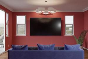 Ilustración 3d de sofá, planta y televisor montado en la pared en blanco en una habitación pintada de rojo intenso. foto