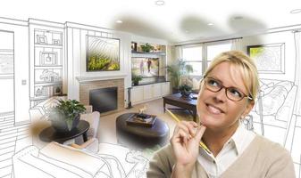 mujer con lápiz sobre el dibujo y la foto del diseño de la sala de estar