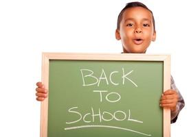 Cute Hispanic Boy Holding Chalkboard with Back to School photo