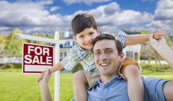 Mixed Race Father, Son Piggyback, Front of House, Sale Sign photo
