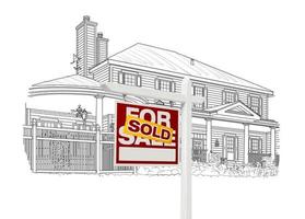 casa personalizada y signo de bienes raíces vendidos dibujando en blanco