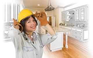 Hispanic Woman in Hard Hat with Kitchen Drawing and Photo