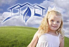 Blue Eyed Girl Playing Outside with Ghosted Green House Graphic photo