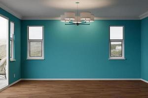 3D Illustration of Newly Remodeled Room of House with Wood Floors, Moulding, Rich Blue Paint and Ceiling Lights. photo